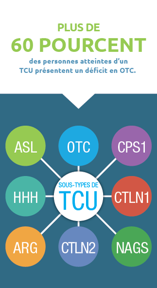 Plus de 60% des personnes atteintes d’un TCU présentent un déficit en OTC. Sous-types du TCU: ASL, OTC, CPS1, HHH, CTLN1, ARG, CTLN2, NAGS